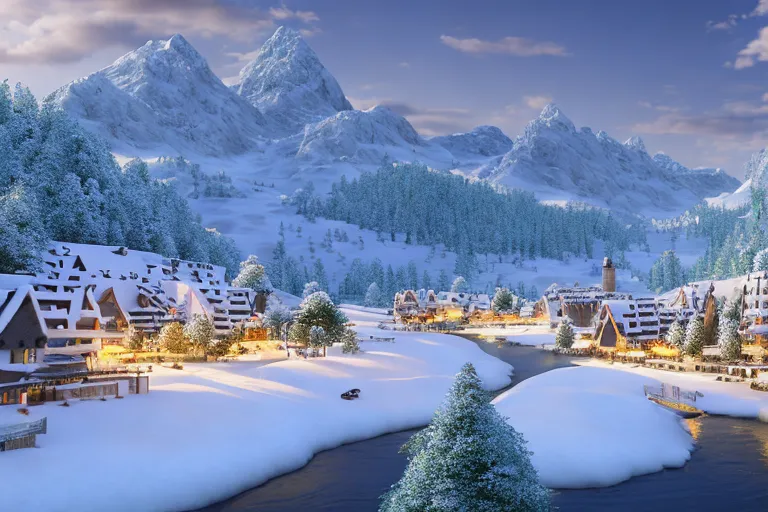 photorealistic cozy snowy resort - Free AI Photo Generator - starryai