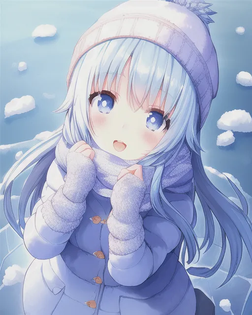 Cute girl in winter under the ice of a lake looking up