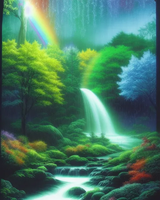 Rainfall in the forest, rainbow and waterfall with moon light, leafs are falling on,  beautiful fantasy landscape,  realistic and natural,  cosmic sky,  detailed full-color,  nature,  hd photography,  fantasy by john stephens,  galen rowell,  david muench,  james mccarthy,  hirō isono,  realistic surrealism,  elements by nasa,  magical,  detailed,  alien plants,  gloss,  hyperrealism