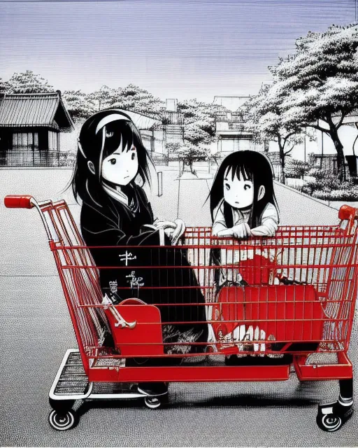 A asian mother and daughter sitting in a shopping cart, yoshitaka amano, hyperdetailed, ballpoint pen art, anime, detailed, vibrant, sharp focus, landscape, black and white color, manga style, simplified ink drawing