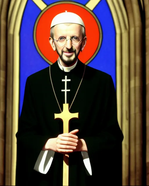 Ringo Starr Archbishop of Canterbury, n the cathedral, flashing the peace sign 