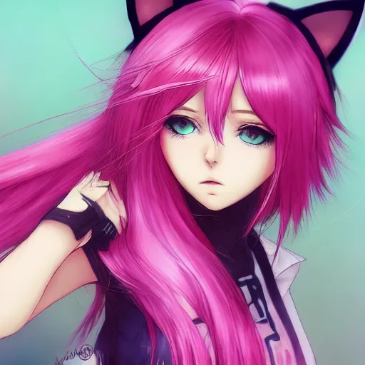 A girl pink hair cat ears, anime - Free AI Photo Generator - starryai