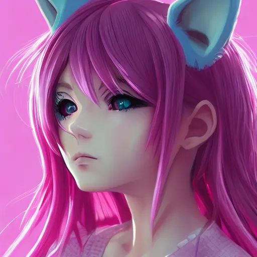 A girl pink hair cat ears, anime - Free AI Photo Generator - starryai