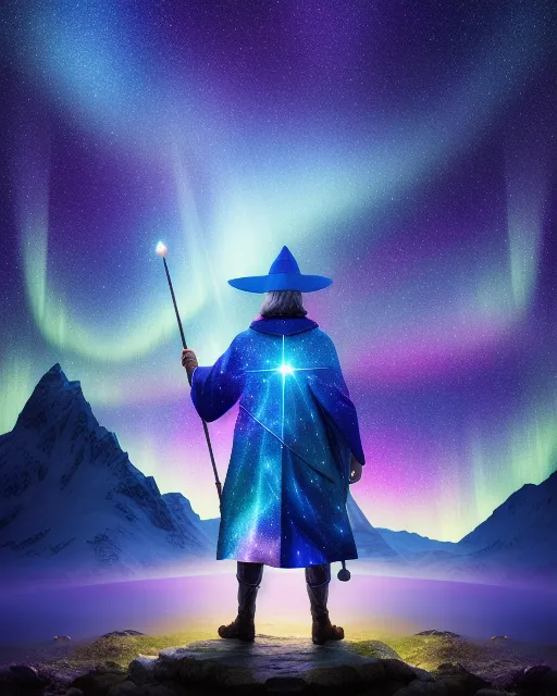 Wizard with starry outfit creates northern light 50mm, 8k, digital art, magical galaxy background, holding staff, blue hat, colorful landscape, bright lights from sides.