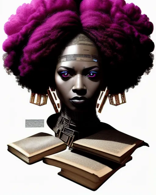 Made From Ancient Books, A Human Mind (Black Woman with a Gorgeous Afro) Made Of Science Fiction Books, Cyberpunk, Futuristic, Synthwave, Concept Art, Portrait By Greg Rutkowski, Extremely Detailed