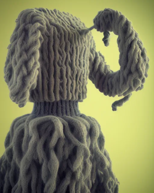 Sweater in the shape of a torso destroying itself pulling threads out of itself, entangled, complex