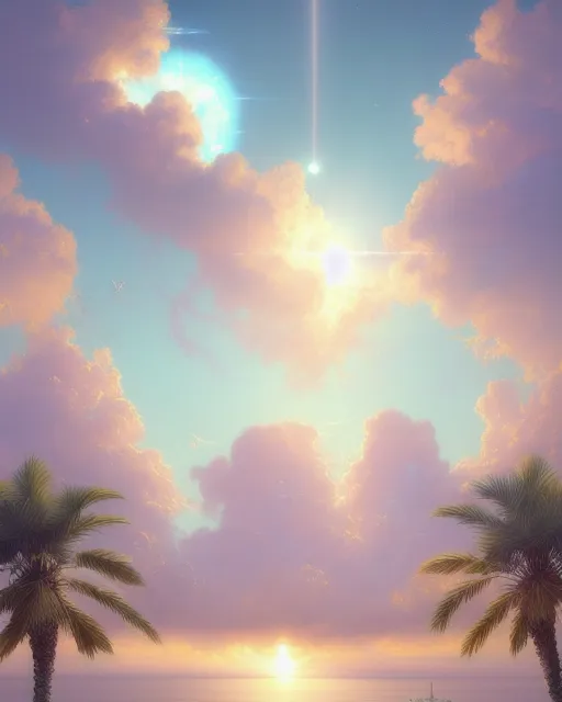 your thoughts become your reality cloud sky, and sun in the background, palms, see. renaissance aesthetic, star trek aesthetic, pastel colors,highly detailed, surrealistic, digital painting, concept