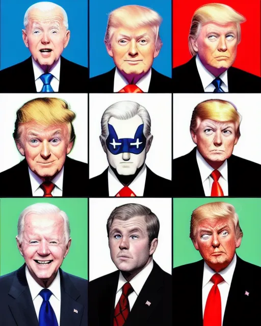 Presidents Jimmy Carter, George W Bush, Donald Trump, Bill Clinton, and Joe Biden as superheroes. 