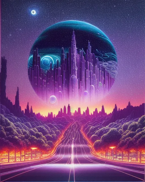 fantasy landscape, realistic and natural, cosmic sky, fantasy by john stephens, galen rowell, david muench, james mccarthy, hirō isono, realistic surrealism, elements by nasa, detailed, alien plants, beautiful synthwave city painting, digital illustration, extreme detail, beautiful city at night, long exposure city at night photography, full-color, urban street photography, nightlife, synthwave, 4k, Classic Cars photography, synthwave painting, sunset city, digital illustration, automotive photography, retro vintage photography, HD photography, hyperrealism, ferrari, jet age, retro futurism