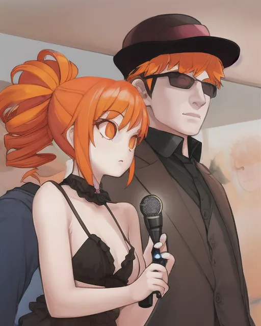 A girl with orange hair being hypnotized by a man with a hypnotic penlight 