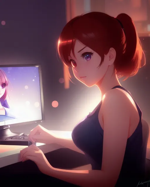 A cute young woman who sitting at - Free AI Photo Generator - starryai