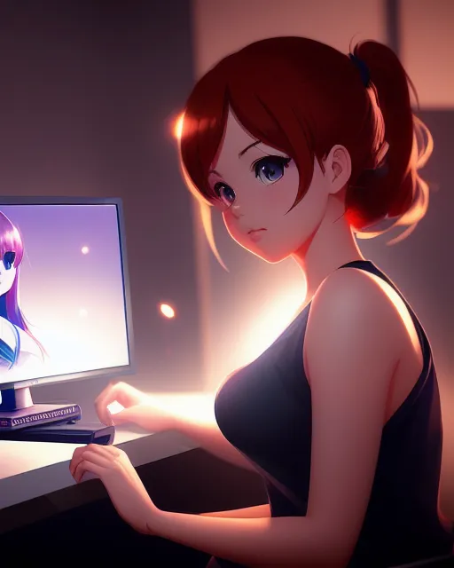 A cute young woman who sitting at - Free AI Photo Generator - starryai