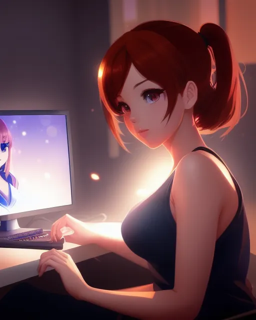 A cute young woman who sitting at - Free AI Photo Generator - starryai