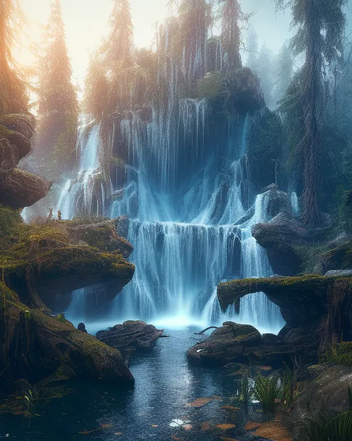 star lakes waterfall, trending on artstation, steampunk, Unsplash contest winner, Digital Illustration, CryEngine, Unreal Engine, deviantart, HDR, 8k resolution, Concept Art, Speed Painting, Rendered in Cinema4D, Psychedelic, Behance HD