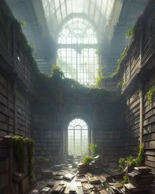 A Large Library, Overgrown, Disarray, - AI Photo Generator - starryai