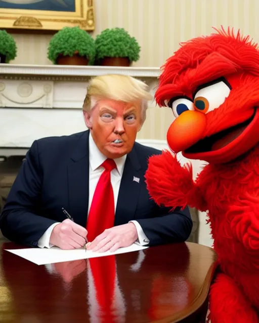 elmo signing agreement donald - Free AI Photo Generator - starryai