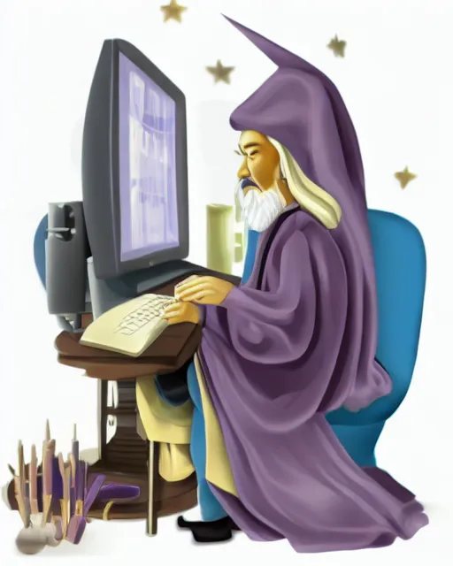 Purple robed wizard sitting on chair working at computer tree