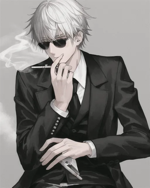 A guy smokeing a cigaret, black jacket with white shirt under it