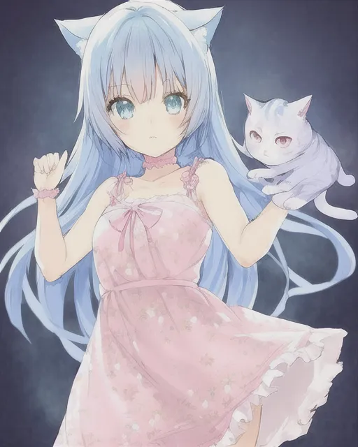 Blue kitty, anime, cat, cute, girl, long hair, HD phone wallpaper | Peakpx