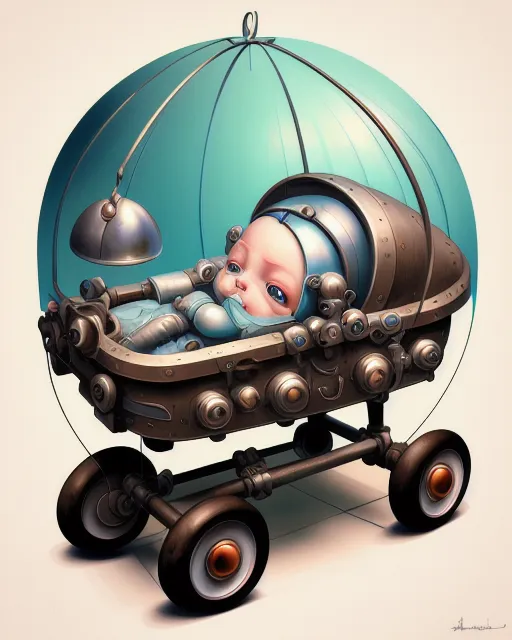 Baby robot in cradle, digital painting,  digital illustration,  extreme detail,  digital art,  4k,  ultra hd, fantasy art, hyper detailed, beautiful