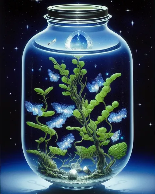 Glass jar with fireflies inside with a cosmic sky and heaven sitting in the middle of a beautiful field under a full moon lit night, astral, polished, gossamer, detailed, intricate, landscape, beautiful fantasy landscape,  realistic and natural,  cosmic sky,  detailed full-color,  nature,  hd photography,  fantasy by john stephens,  galen rowell,  david muench,  james mccarthy,  hirō isono,  realistic surrealism,  elements by nasa,  magical,  detailed,  alien plants,  gloss,  hyperrealism, fantasy art, concept art, hyper detailed