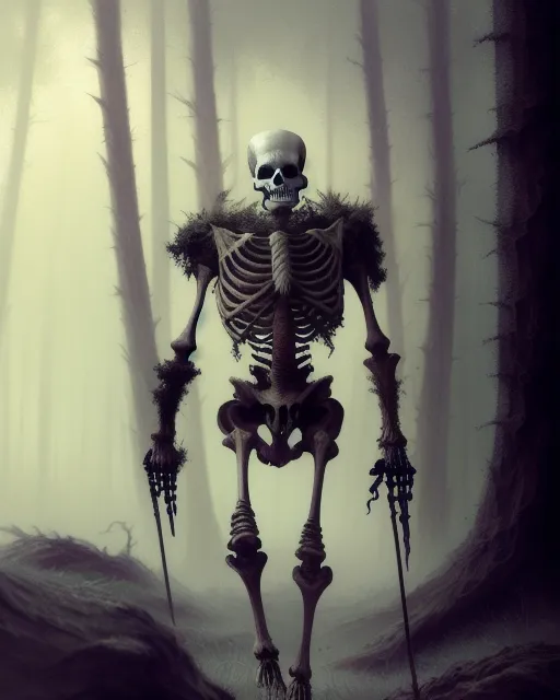 undead skeleton warrior walking in the pinewood forest, misty background, hyperdetailed, digital painting