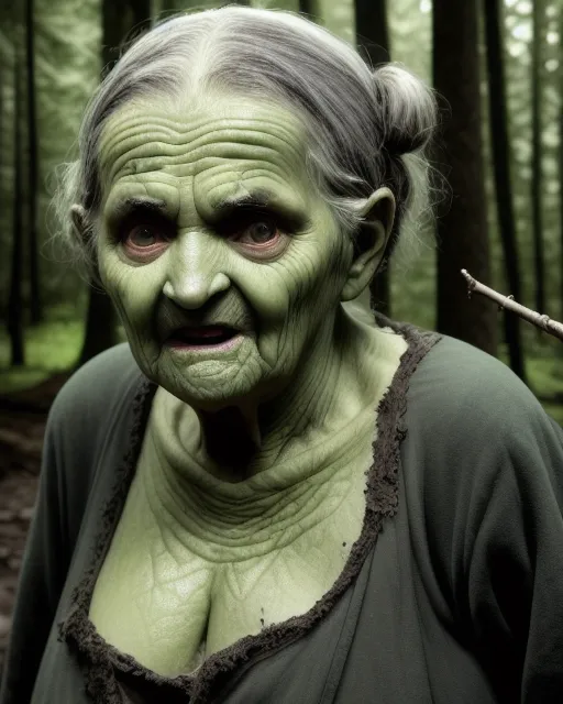 Creepy cackling old lady wearing - AI Photo Generator - starryai