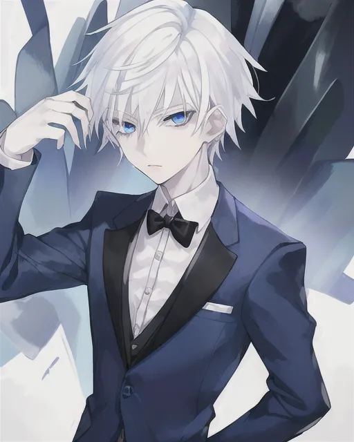 An teenage anime boy with white frosty hair, glowing blue eyes, a