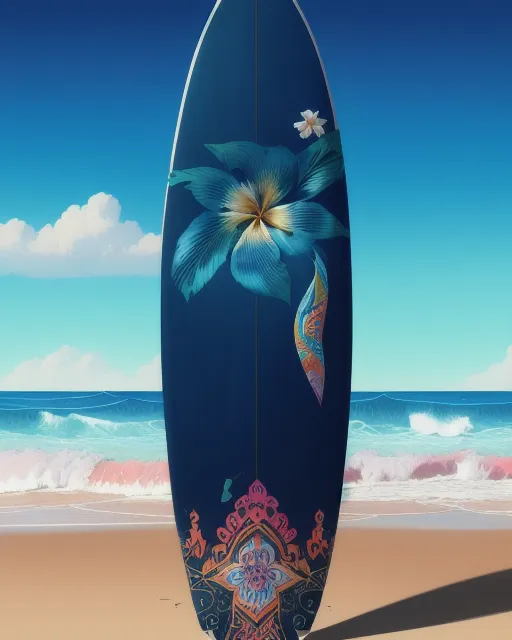 A colorful surfboard with hawaiian ornaments, solid dark blue background, hyper detailed, artstation, devianart