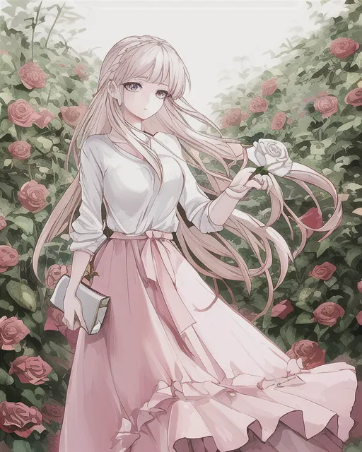A white girl wearing a pink long skirt holding a rose in her hand