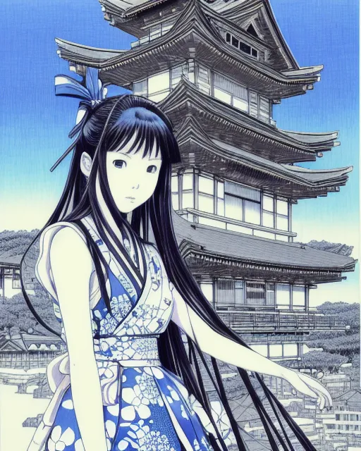 A Japanese young woman a blue dress, - AI Photo Generator - starryai