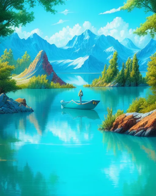 Marvel Lake's sweet little boat vibrant turquoise hue, digital painting,  digital illustration,  extreme detail,  digital art,  4k,  ultra hd, polished, beautiful, colorful, serene, detailed, sunny, iridescent, unreal engine