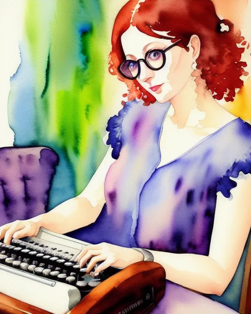 Wine, typewriter, glasses, , beautiful watercolor painting, realistic, detailed, painting by olga shvartsur, svetlana novikova, fine art, soft watercolor, fauvist portrait painting,  detailed,  expressionist portrait,  hd portrait art,  modern fauvism,  hyperrealism,  fine art