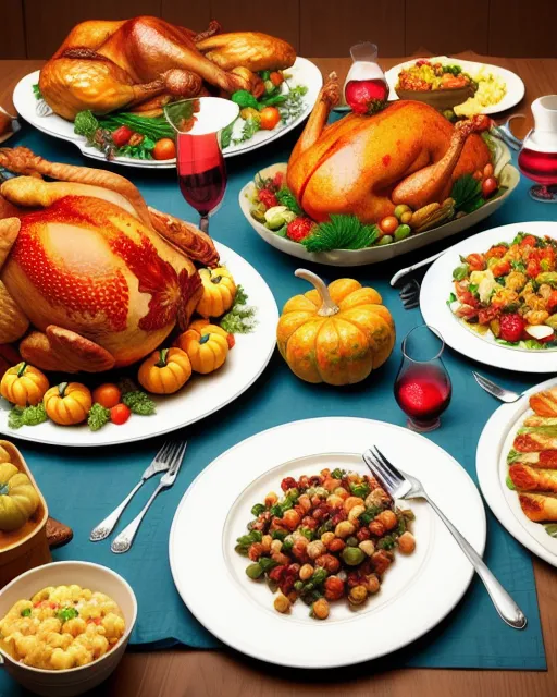 A perfect thanksgiving feast on a table, vibrant, photorealistic
