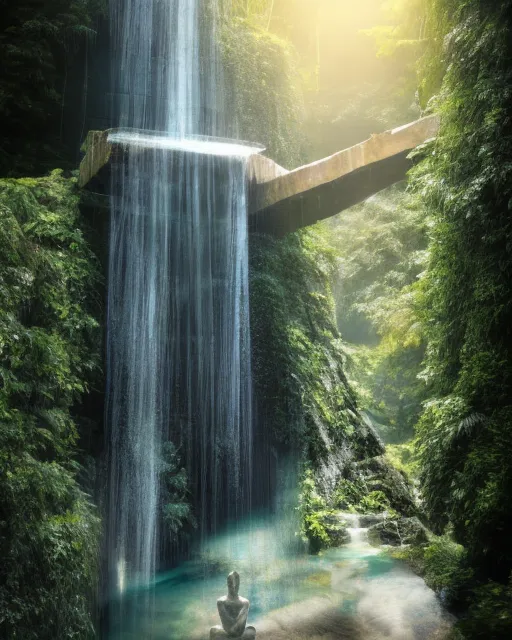 Post apocalyptic forest taken over metro city standing budda statue in the pool of a waterfall, water fall from a crumbling highrise, photo realism, dark blues and shadow with bright sunlight highlight beams details, crumbling urban 