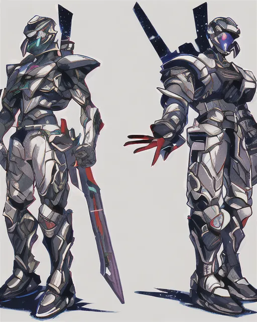 Two futuristic space pirates in super advanced ceramic battle suits one of them has a sword and the other one has a laser blaster.