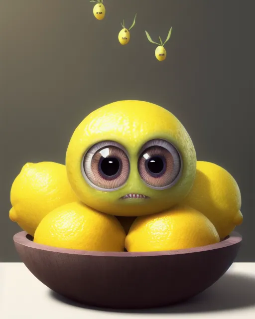 Cute lemon creatures in a fruit bowl, big eyes, extreme detail, hyper realistic, 4k uhd, 8k digital photography, intricate, complex, perfect light, dynamic, impeccable digital art, sharp, focused, high resolution, cinematic