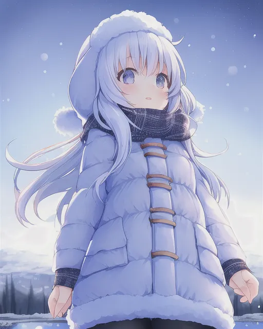 Cute girl in winter under the ice of a lake looking up, fluffy hood