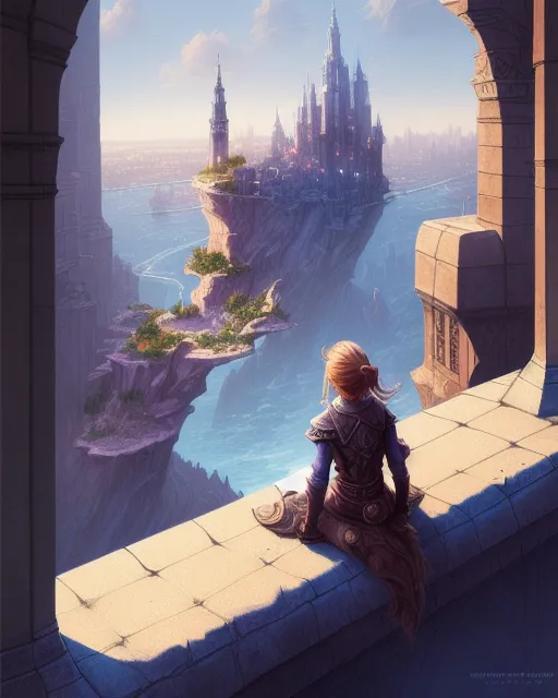 A girl sits on a ledge looking at - Free AI Photo Generator - starryai