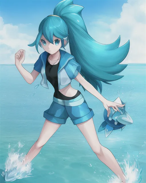 A water type pokemon trainer with a cool outfit based off of water types