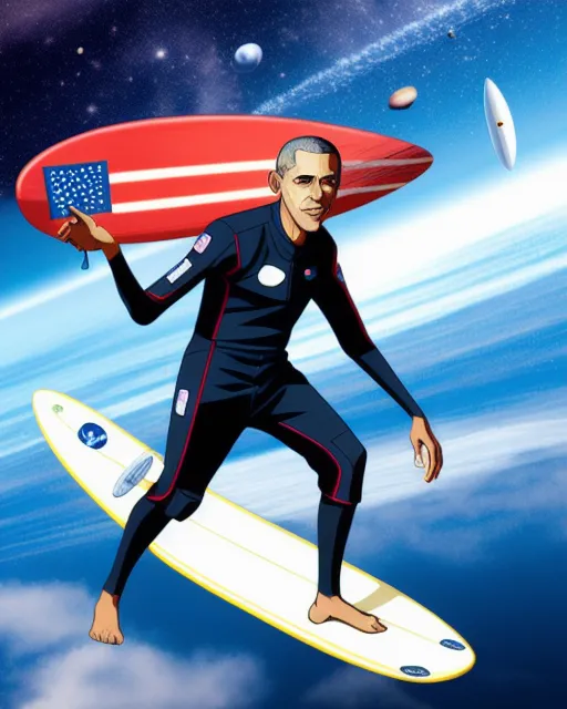 Anime, Barack Obama, surfing space - AI Photo Generator - starryai