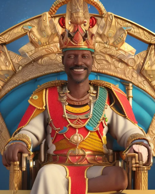 A 3d illustration of an African king, enjoying the fruits of his labor, overseeing the security of his kingdom, vivid details, full of colors, bright colors of serenity, soft colors that indicate peace, great detail, highest quality, 4k resolution, UHD, 