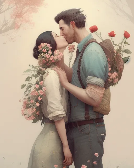 two man kissing with flowers vintage style, old paper texture