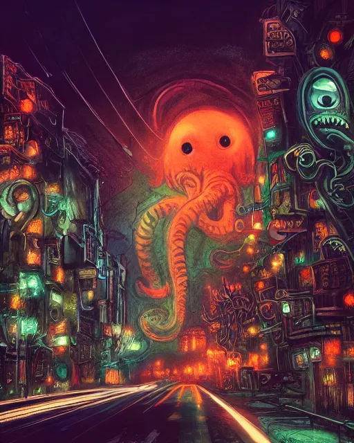 Bob Ross, Cthulhu, machinarium, , city - AI Photo Generator - starryai