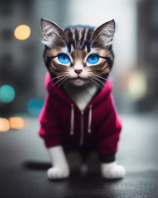 ((best quality)), ((masterpiece)), ((realistic)), (detailed), (1 boy) anthropomorphic cat, black hoodie, sfw, short hair messy, big round blue eyes, (looking at viewer:1. 2), (low angle shot:1. 3), maroon hair, detailed background, in the city, portrait, emotionless, dark night, (((full body shoot))), neon lights, scattered puddles, light rain, 8k uhd, Canon EOS 5D Mark IV, raytracing, focus body, (sharpness:2. 0)