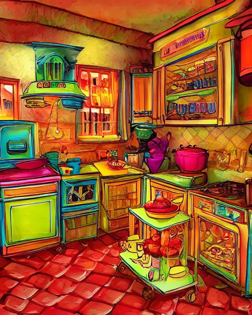 Old kitchen magical colorful night bakery