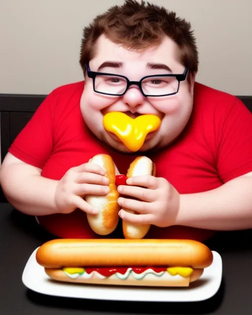 Fat nerd eating a hot dog