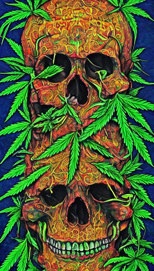 Stoned to the bone, marijuana art, skull art, Rasta art, fine art, hyper intricate detail