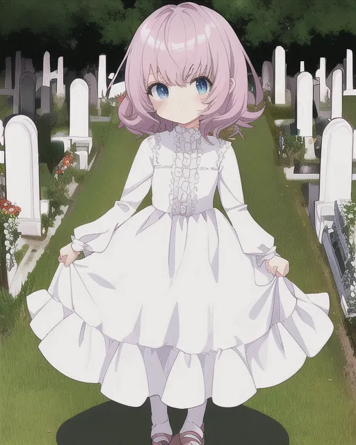 A anime girl standing beside of a tomb grave and laughing. The sound of  raindrops hitting the pavement blended seamlessly with the music