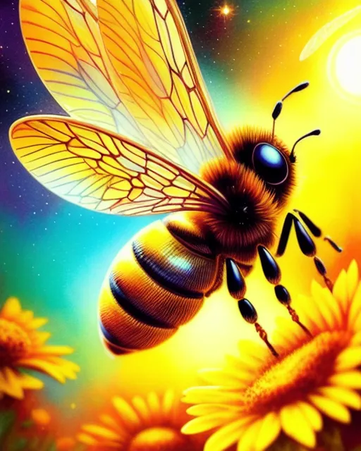 Bees, fantasy art, beautiful, colorful, cosmic, golden hour, detailed, vapor, vibrant, photorealistic